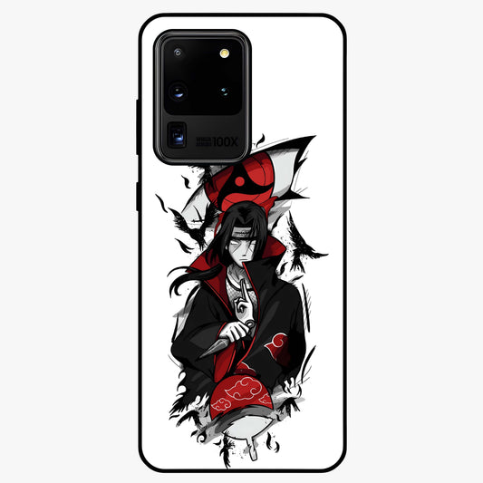 Itachi Sharingan Glass Case showing flat back view with powerful anime eye artwork and glossy glass finish.