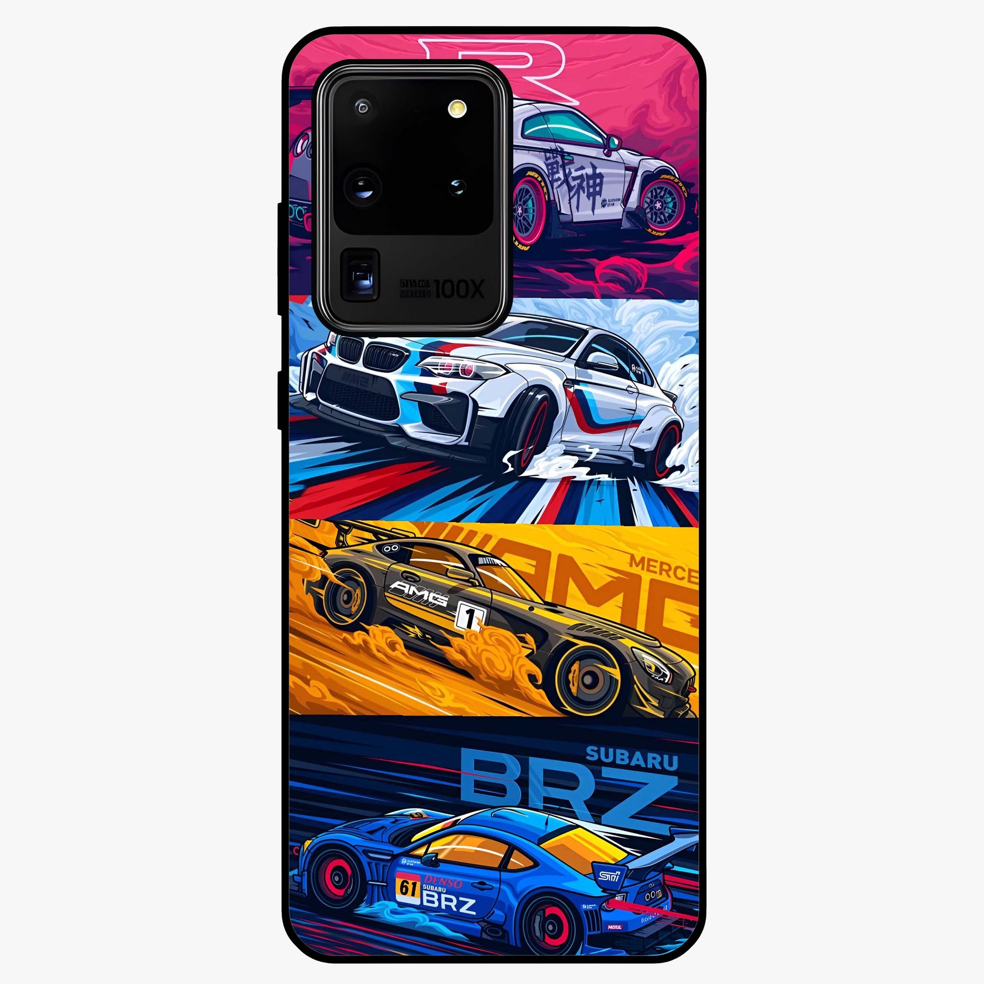JDM Sports Car Glass Case showing flat back view with high performance sports car artwork and glossy glass finish.