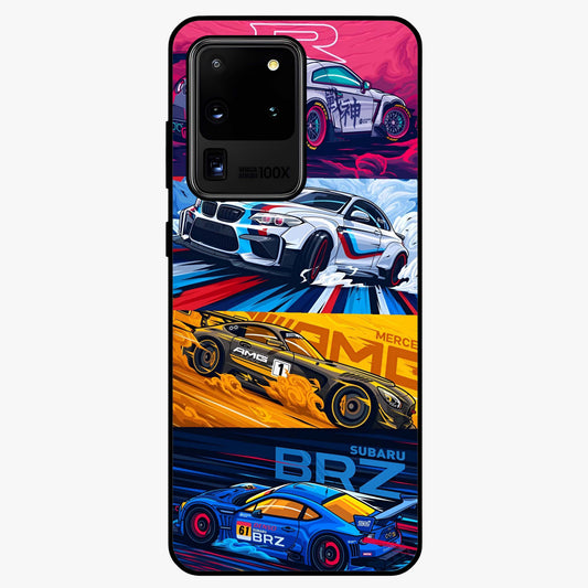 JDM Sports Car Glass Case showing flat back view with high performance sports car artwork and glossy glass finish.