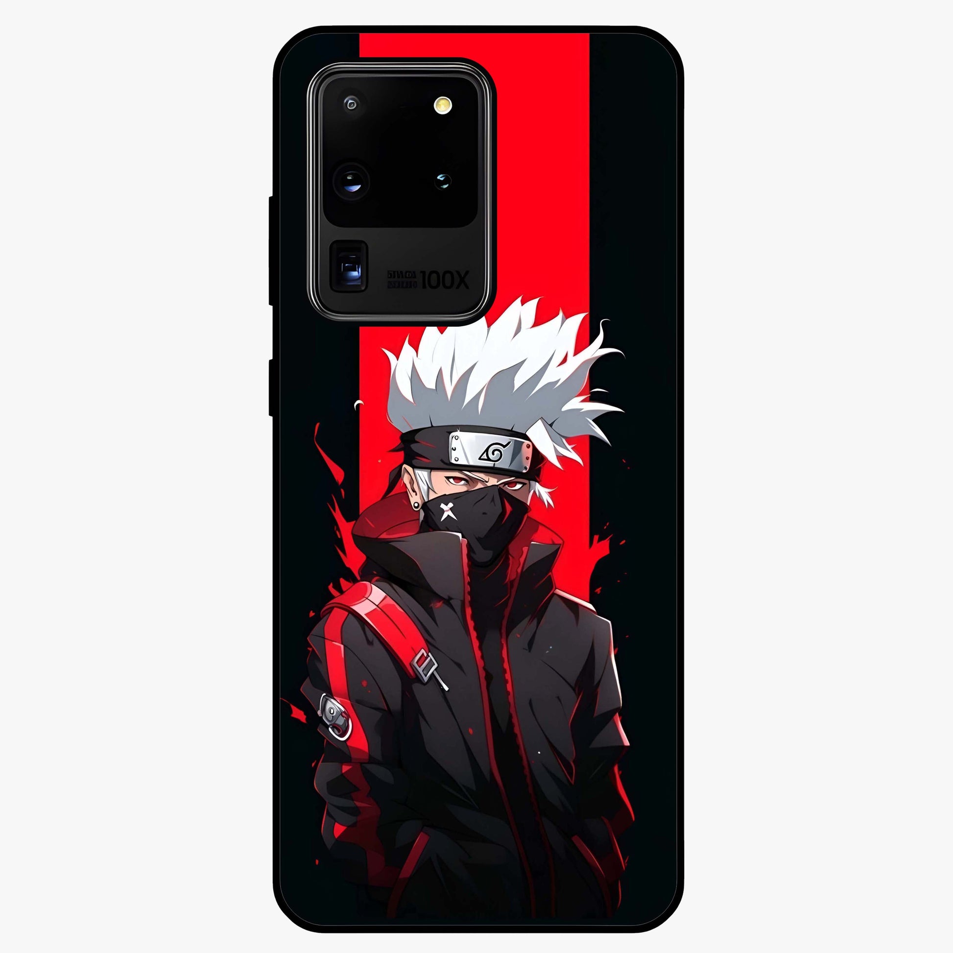 Kakashi Scarlet Shadow Glass Case showing flat back view with powerful anime ninja artwork and glossy glass finish.