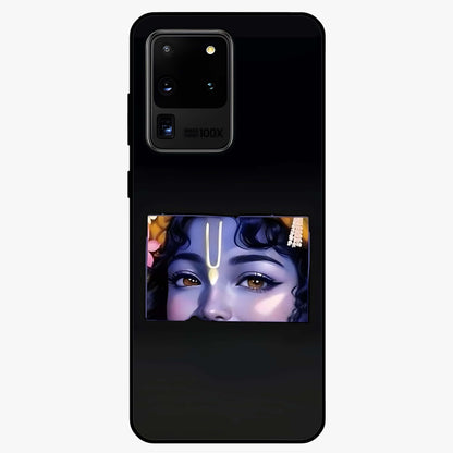 Krishna Divine Embrace Glass Case showing flat back view with Lord Krishna devotional artwork and glossy glass finish.