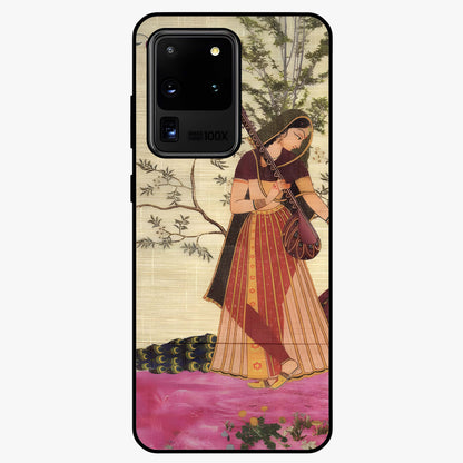 Lady With Veena Art Glass Case showing flat back view with elegant woman playing veena artwork and glossy glass finish.
