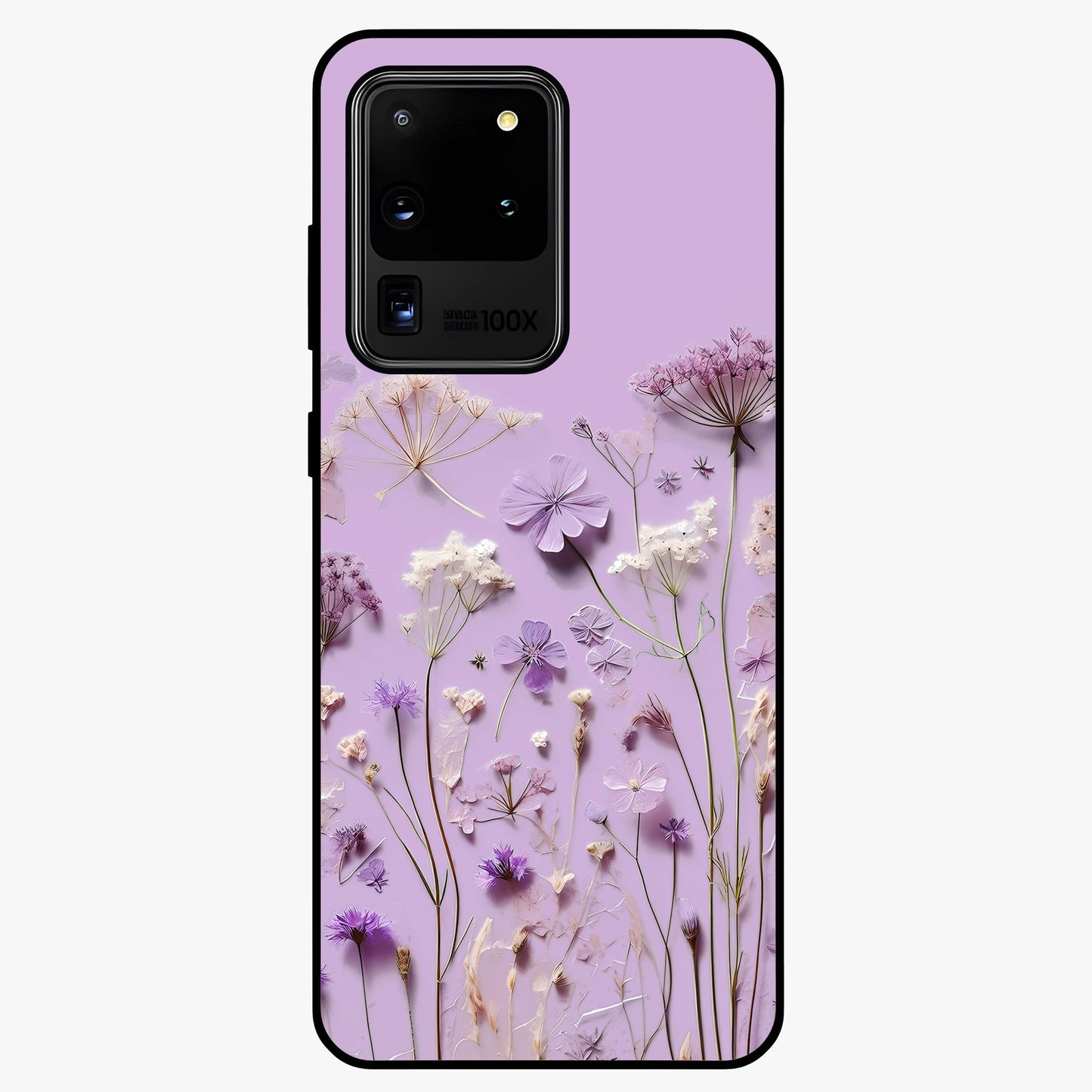 Lavender Blossom Dream Glass Case showing flat back view with soft lavender floral artwork and glossy glass finish.