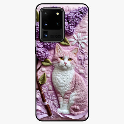 Lavender Cat Whimsy Glass Case showing flat back view with cute lavender cat artwork and glossy glass finish.