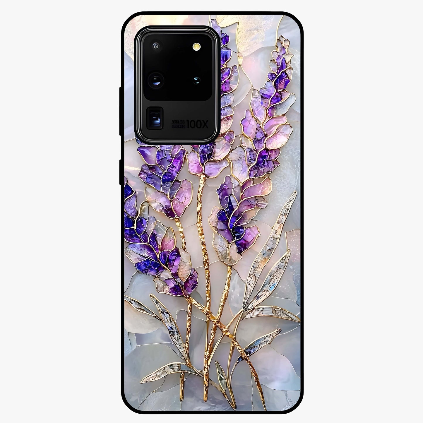 Lavender Dream Glow Glass Case showing flat back view with glowing lavender aesthetic artwork and glossy glass finish.