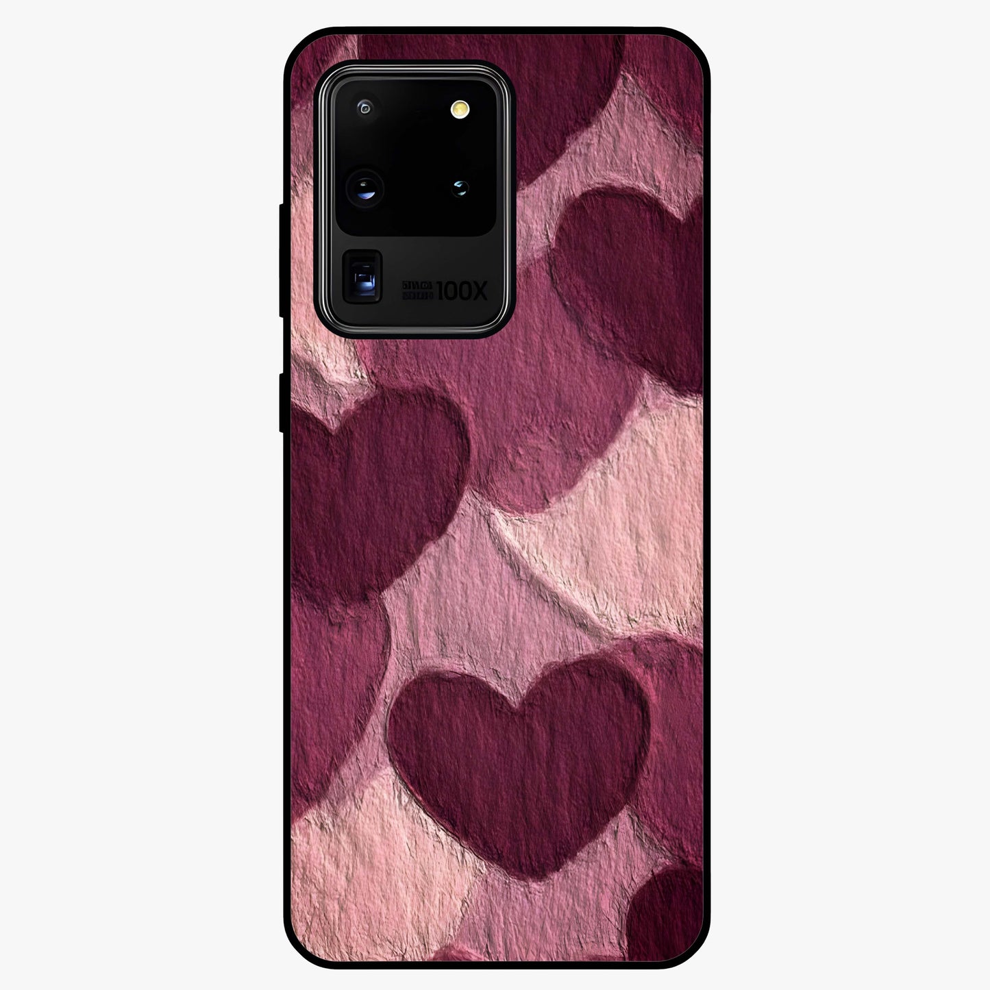 Layered Paper Hearts Glass Case showing flat back view with layered paper heart artwork and glossy glass finish.