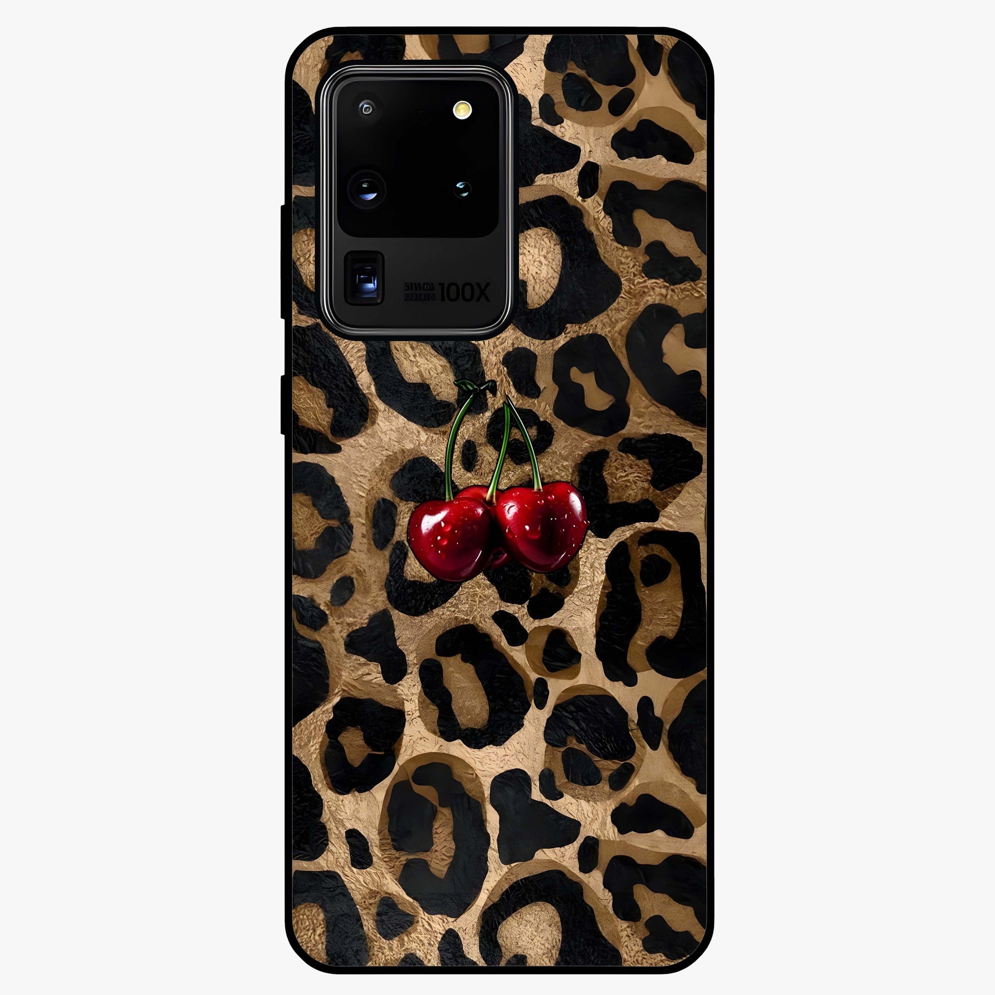 Leopard Wild Cherry Glass Case showing flat back view with leopard pattern and cherry artwork and glossy glass finish.