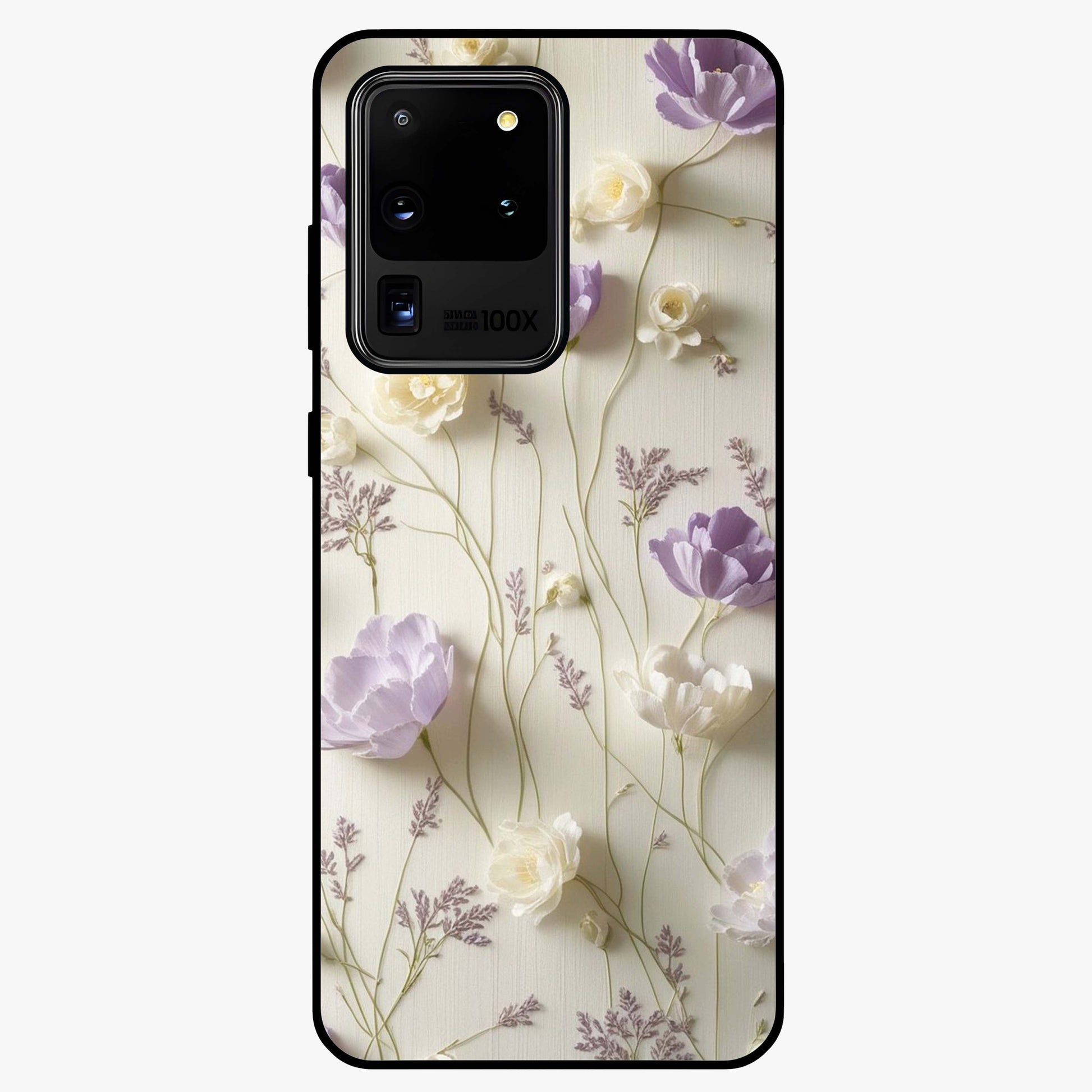 Lilac Breeze Harmony Glass Case showing flat back view with soft lilac themed artwork and glossy glass finish.