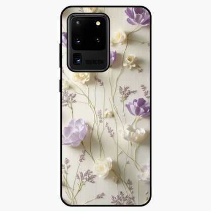 Lilac Breeze Harmony Glass Case showing flat back view with soft lilac themed artwork and glossy glass finish.