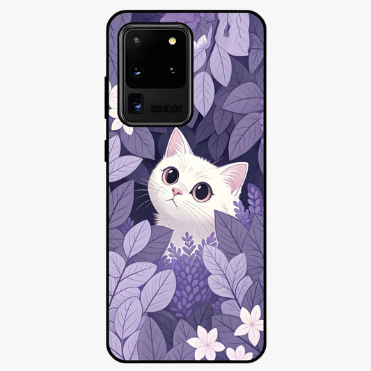 Lilac Hide Peek Cat Glass Case showing flat back view with cute peeking cat artwork and glossy glass finish.