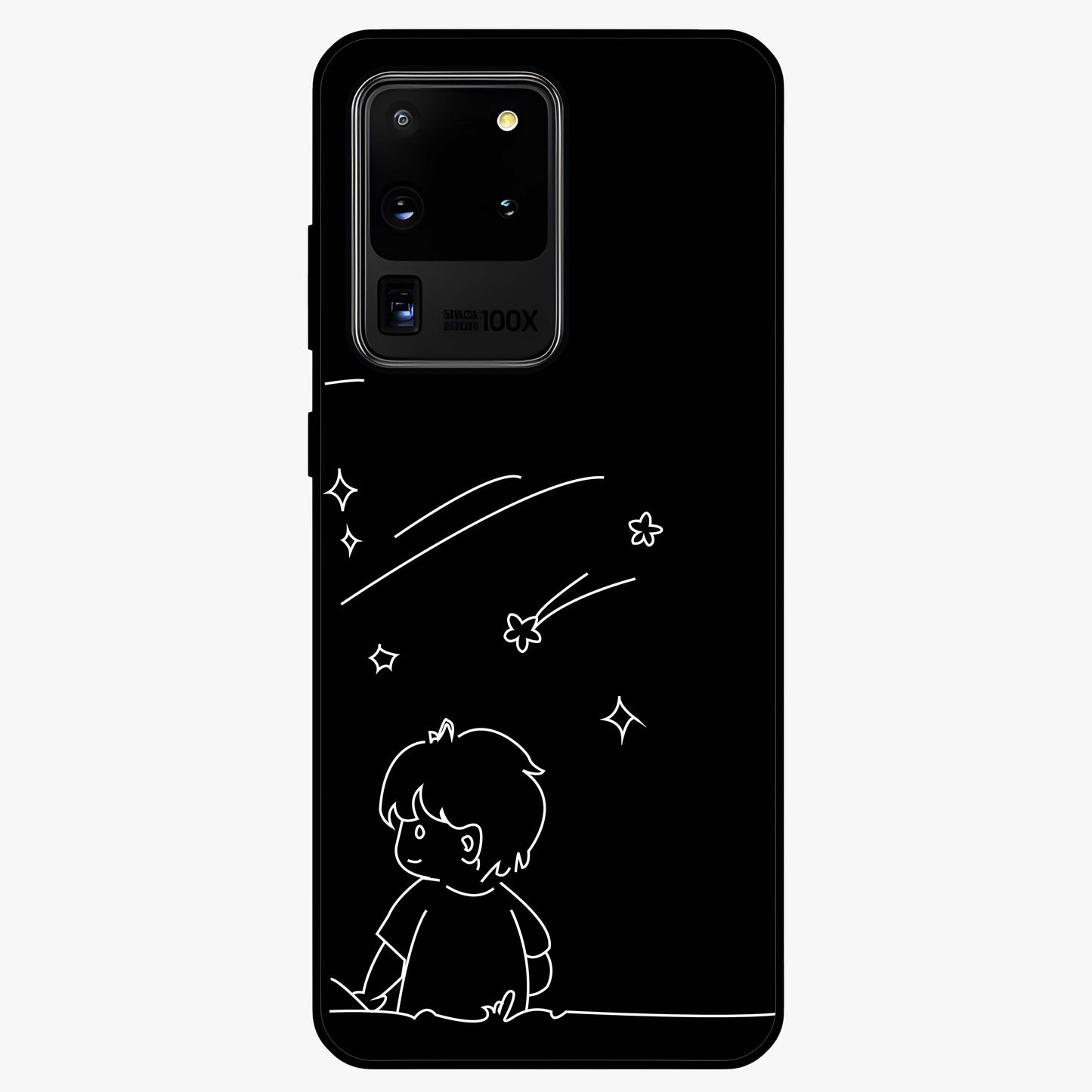 Line Art Boy With Shooting Stars Glass Case showing flat back view with minimal line art boy and shooting stars illustration and glossy glass finish.