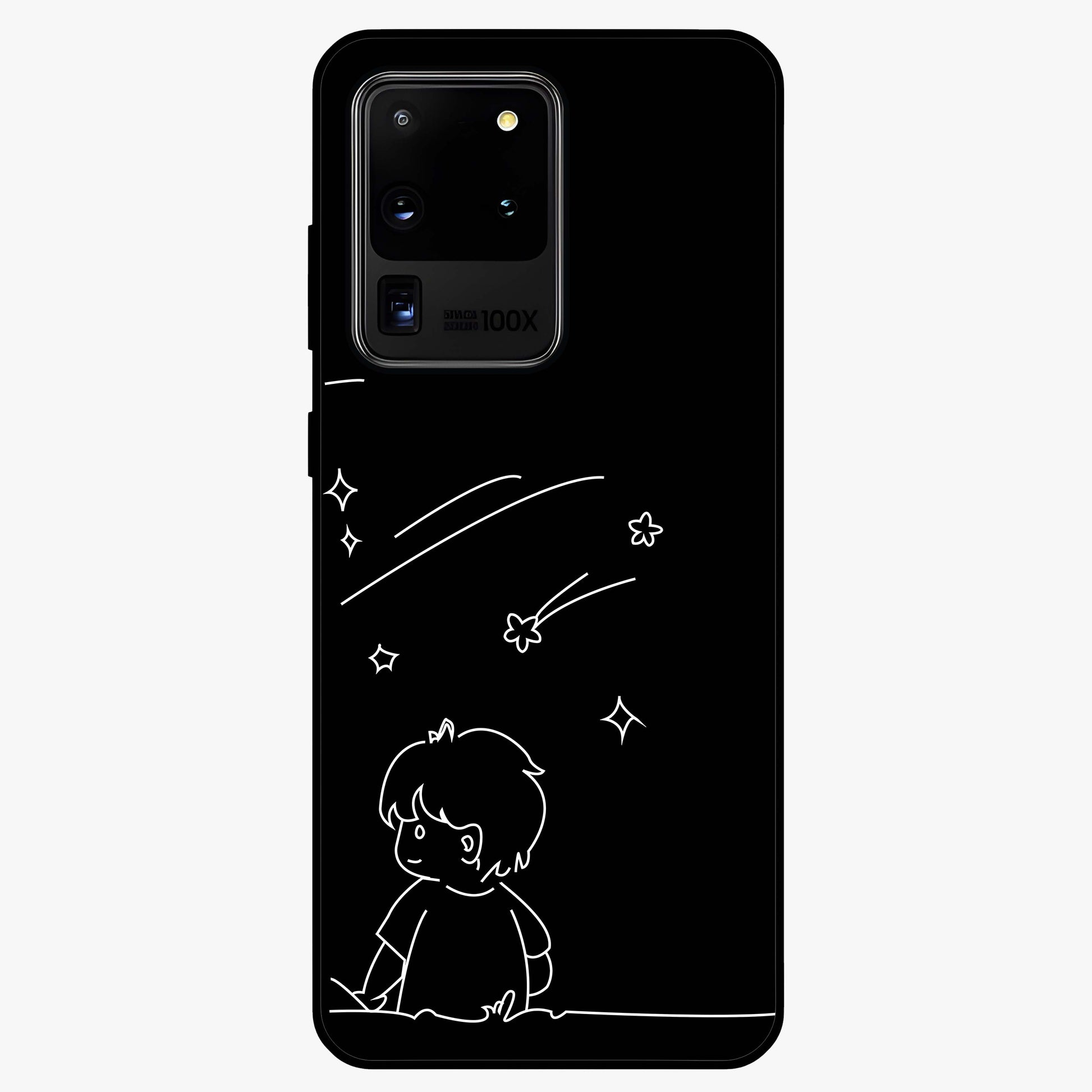 Line Art Boy With Shooting Stars Glass Case showing flat back view with minimal line art boy and shooting stars illustration and glossy glass finish.