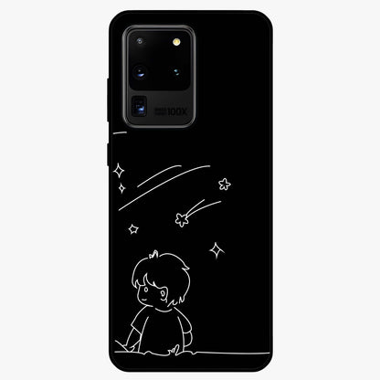 Line Art Boy With Shooting Stars Glass Case showing flat back view with minimal line art boy and shooting stars illustration and glossy glass finish.