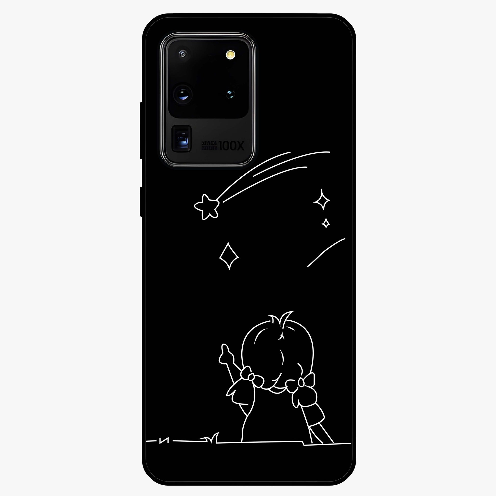 Line Art Girl With Shooting Stars Glass Case showing flat back view with minimal line art girl and shooting stars illustration and glossy glass finish.