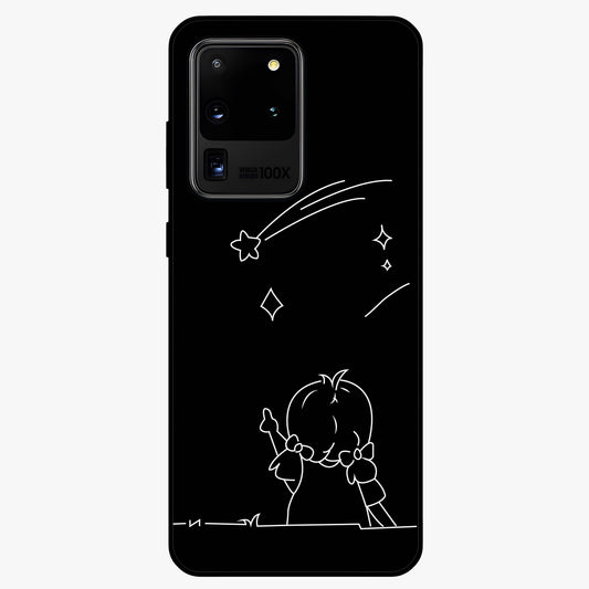 Line Art Girl With Shooting Stars Glass Case showing flat back view with minimal line art girl and shooting stars illustration and glossy glass finish.