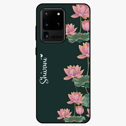 Lotus Bloom Serenity Custom Name Glass Case showing flat back view with elegant lotus flower artwork and personalized name design.