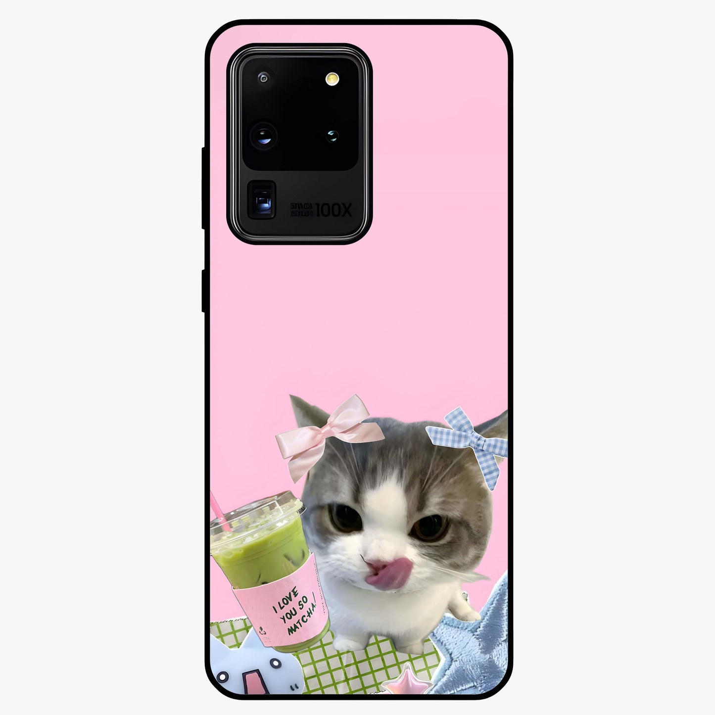 Love Matcha Cat Glass Case showing flat back view with cute cat and matcha themed artwork and glossy glass finish.