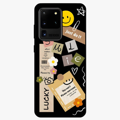 Lucky Aesthetic Collage Glass Case showing flat back view with trendy aesthetic collage artwork and glossy glass finish.