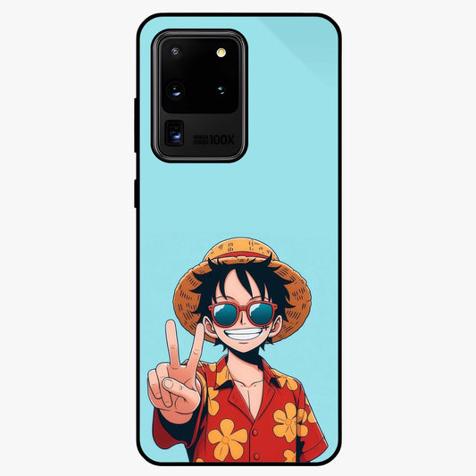 Luffy Summer Anime Vibe Glass Case showing flat back view with vibrant anime character artwork and glossy glass finish.