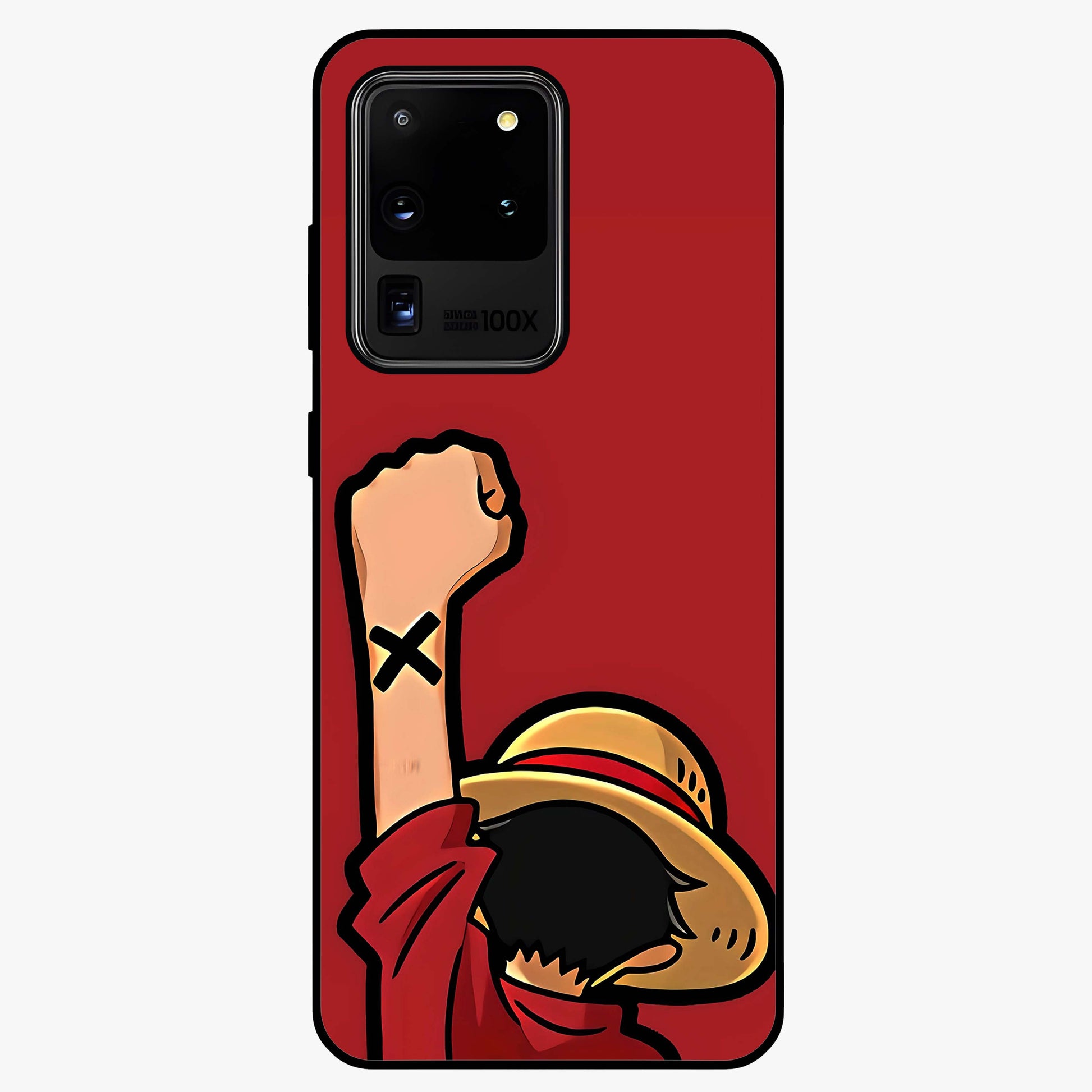 Luffy X Spirit Glass Case showing flat back view with bold anime character artwork and glossy glass finish.