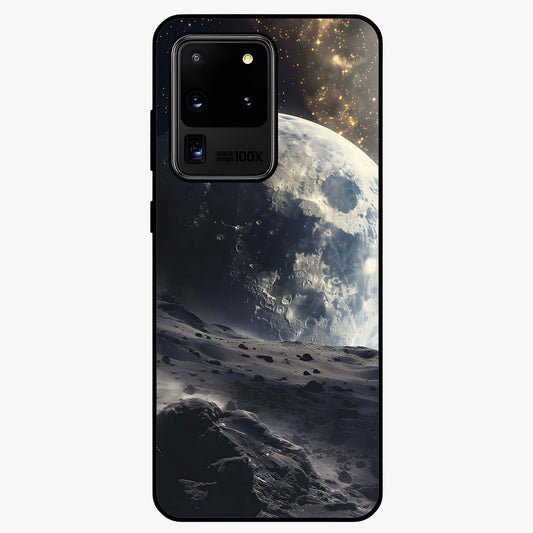Lunar Horizon Glow Glass Case showing flat back view with glowing moon horizon artwork and glossy glass finish.