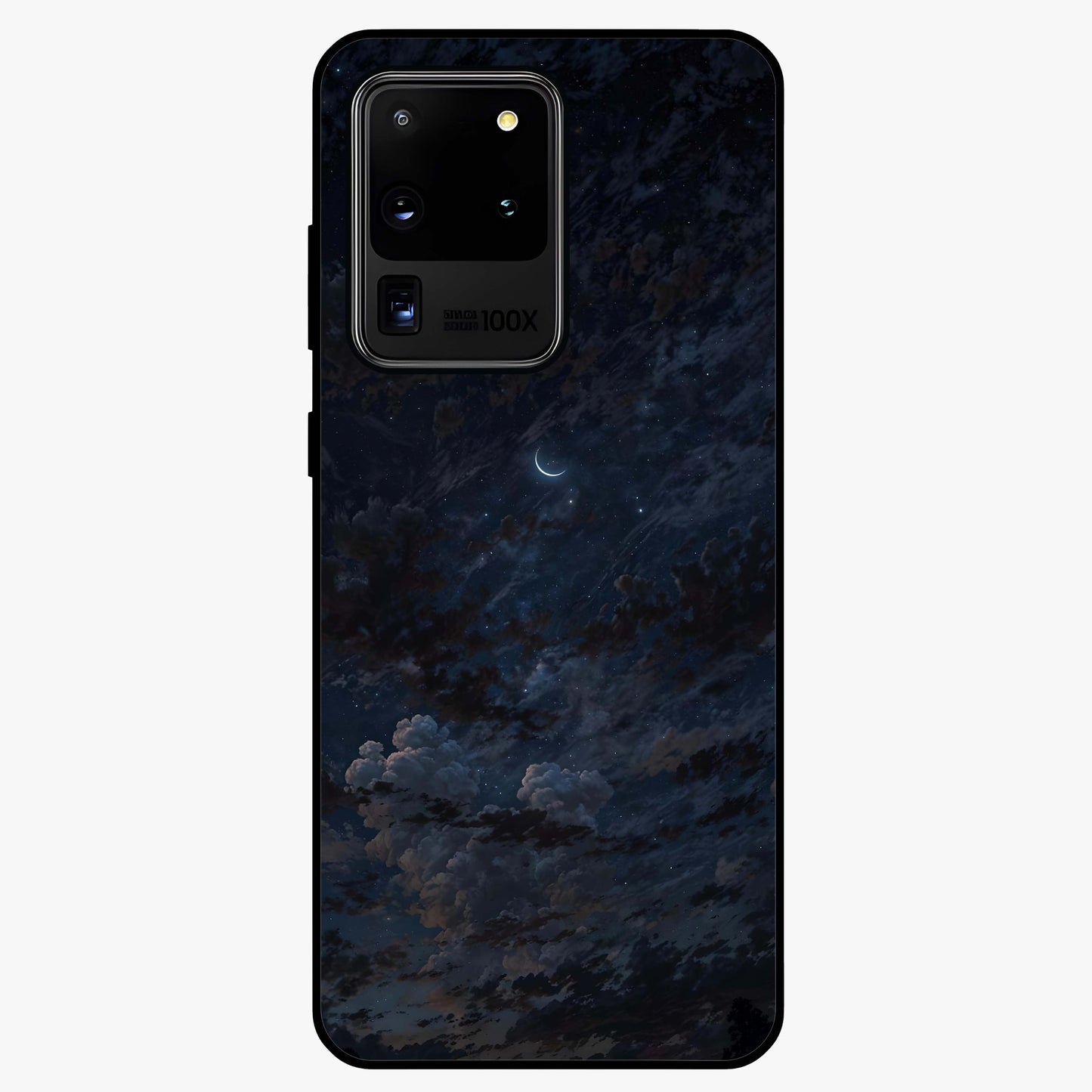 Lunar Veil Silence Glass Case showing flat back view with mystical moon veil artwork and glossy glass finish.