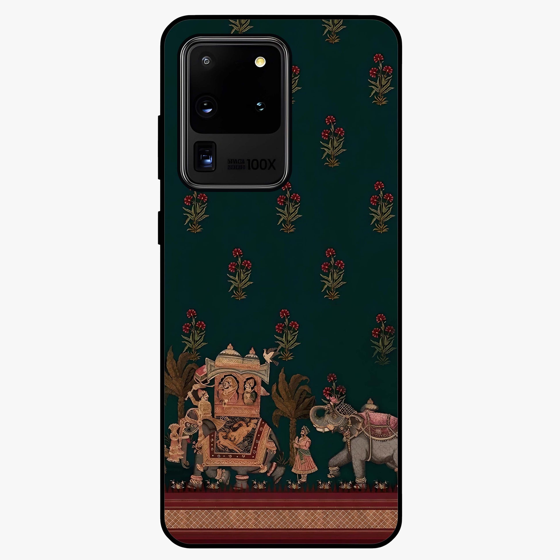 Macmerise Glass Case showing flat back view with stylish modern artwork and glossy glass finish.