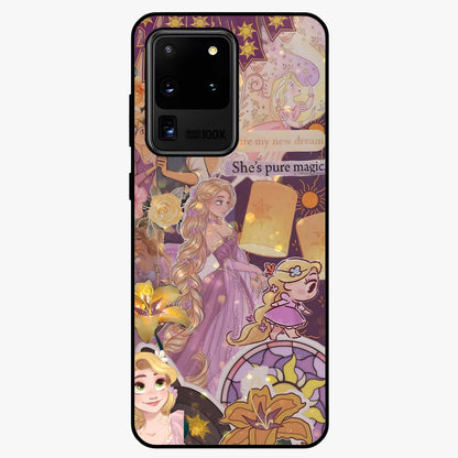 Magical Tangled Dream Glass Case showing flat back view with dreamy tangled artwork and glossy glass finish.
