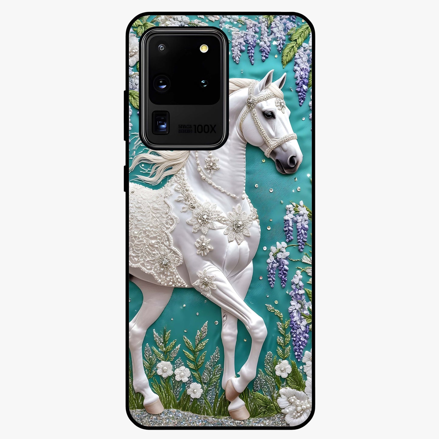 Majestic Floral Stallion Glass Case showing flat back view with powerful horse and floral artwork and glossy glass finish.