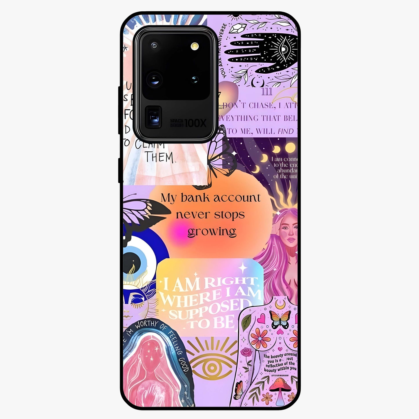 Manifestation Collage Glass Case showing flat back view with motivational collage artwork and glossy glass finish.