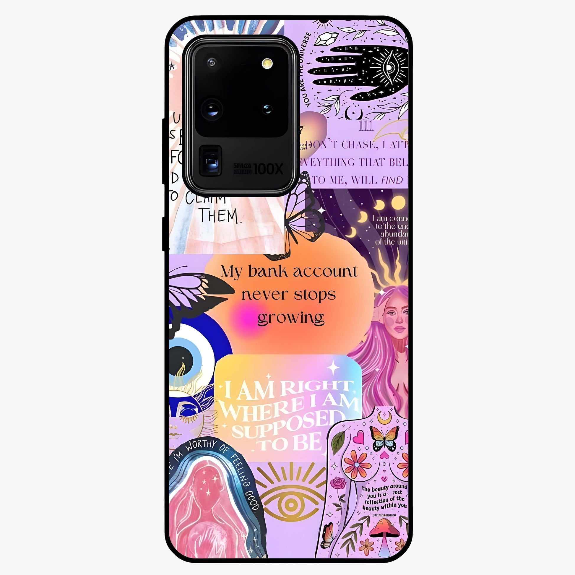 Manifestation Collage Glass Case showing flat back view with motivational collage artwork and glossy glass finish.