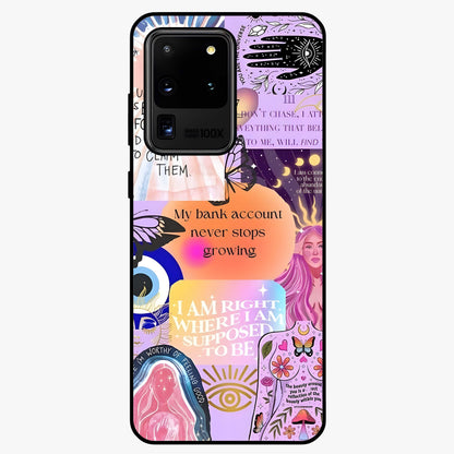Manifestation Collage Glass Case showing flat back view with motivational collage artwork and glossy glass finish.