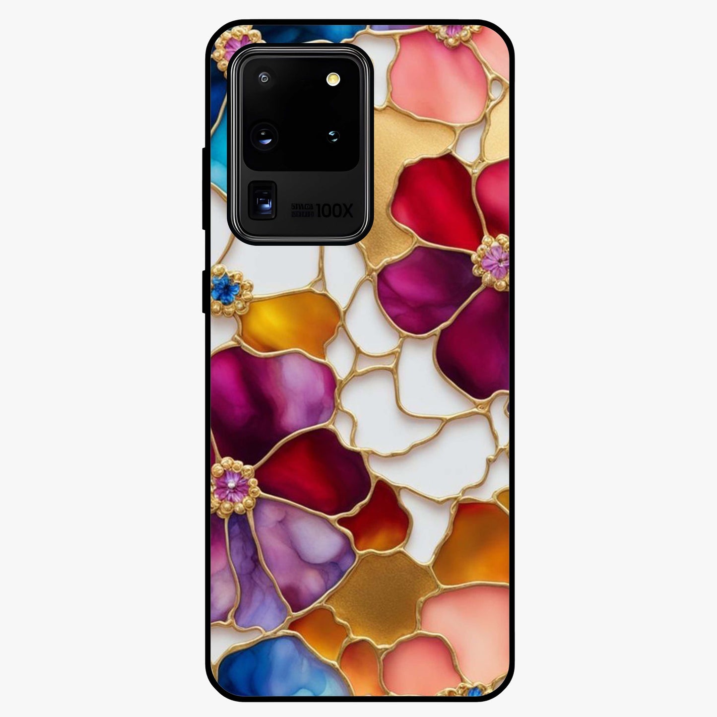Marble Flower Pattern Glass Case showing flat back view with marble texture floral artwork and glossy glass finish.