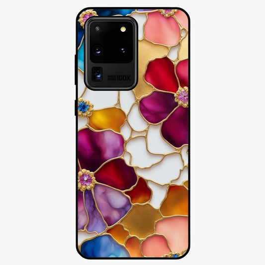 Marble Flower Pattern Glass Case showing flat back view with marble texture floral artwork and glossy glass finish.