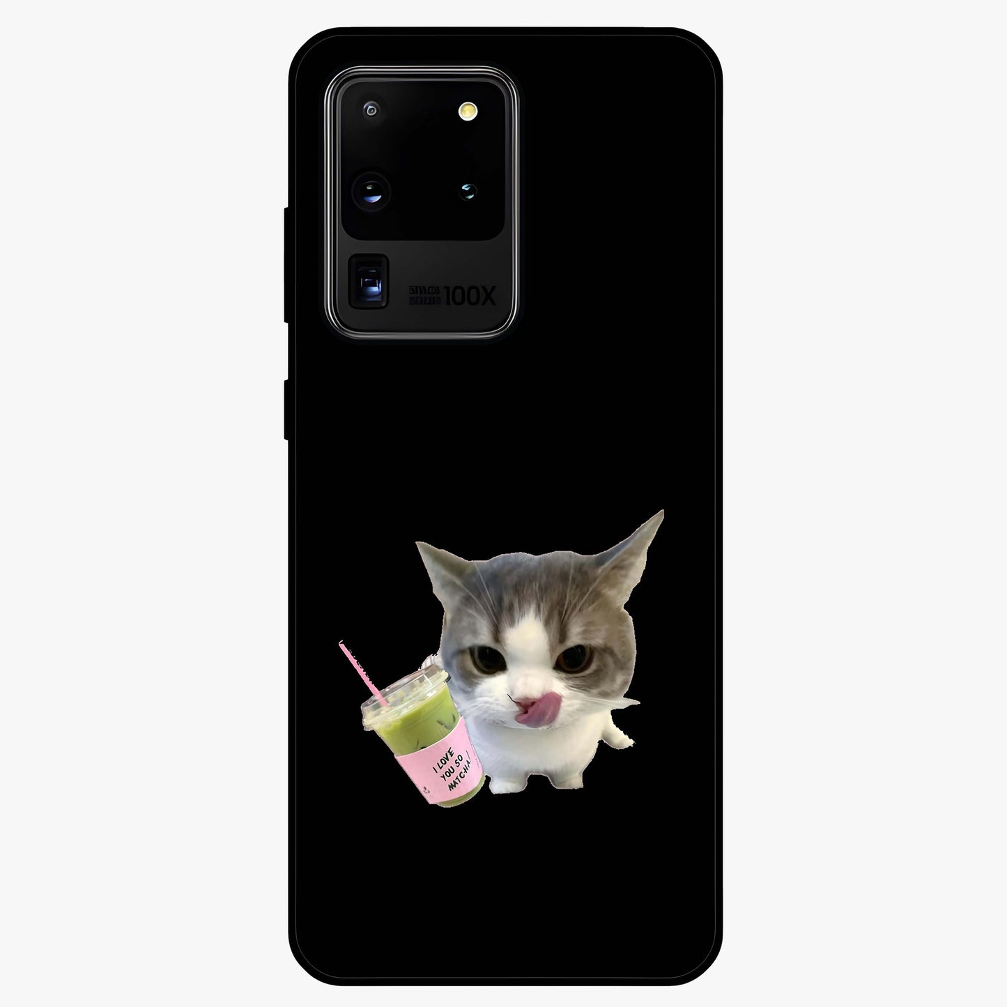Matcha Cat Style Glass Case showing flat back view with cute matcha themed cat artwork and glossy glass finish.