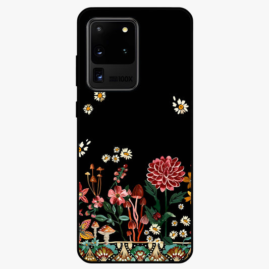 Midnight Bloom Pattern Glass Case showing flat back view with dark floral pattern artwork and glossy glass finish.