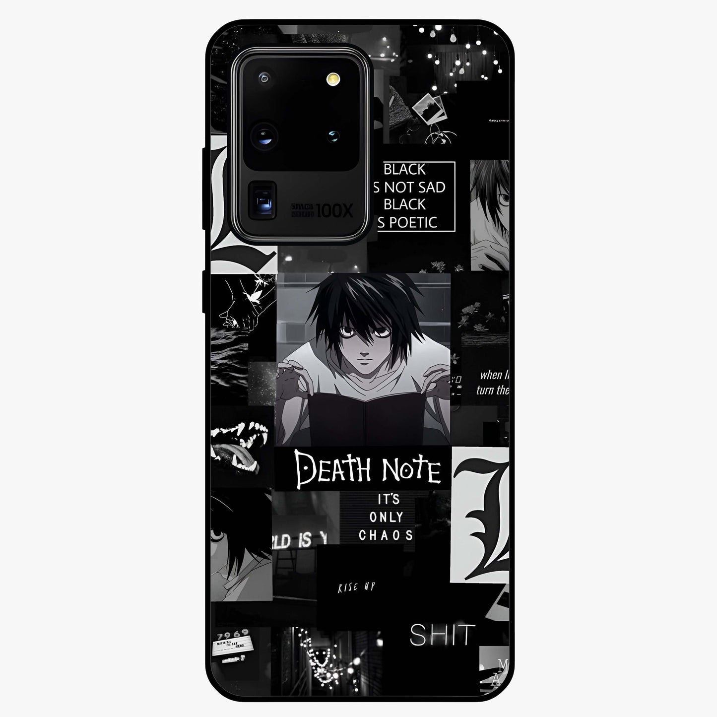 Midnight Chaos Mind Glass Case showing flat back view with abstract dark themed artwork and glossy glass finish.