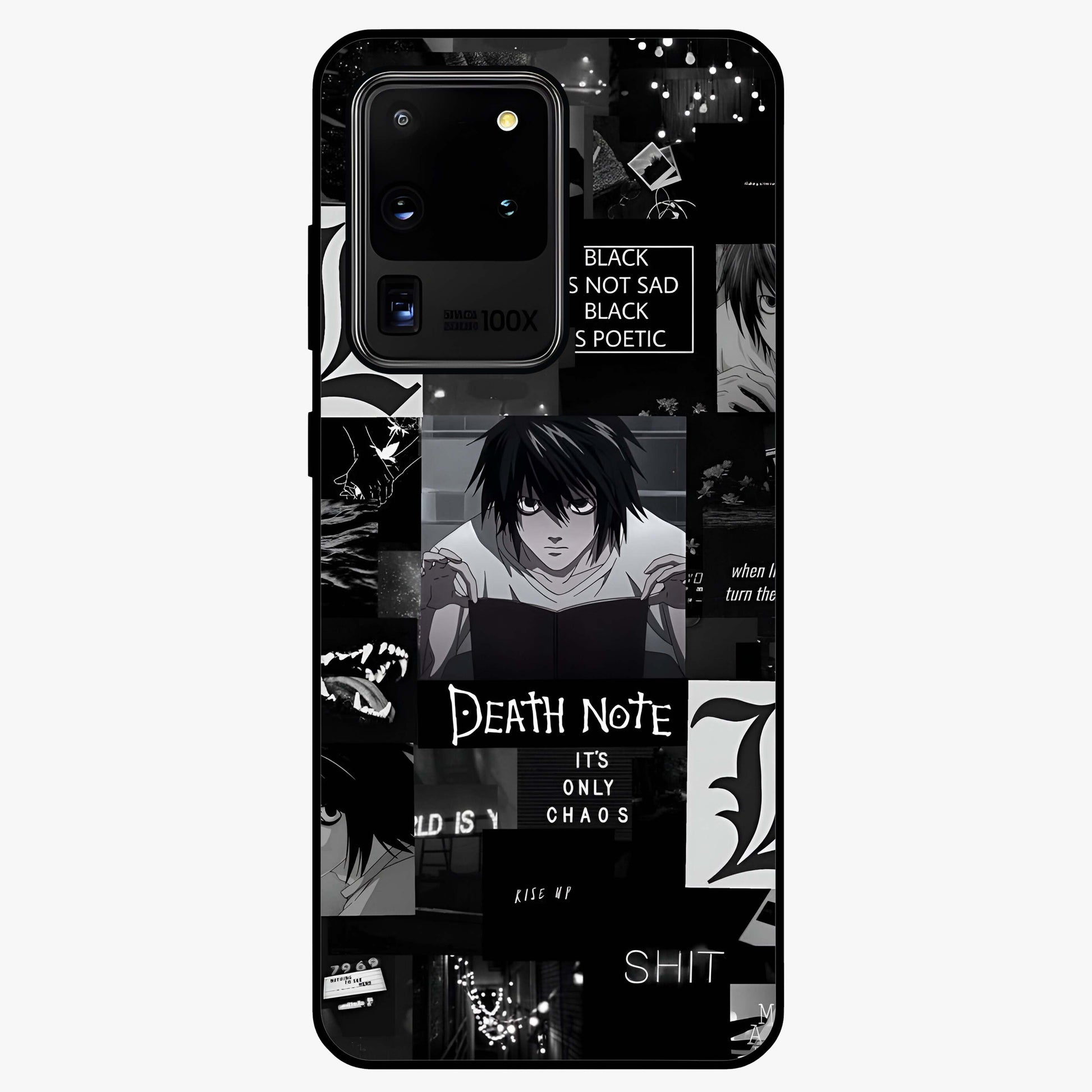 Midnight Chaos Mind Glass Case showing flat back view with abstract dark themed artwork and glossy glass finish.