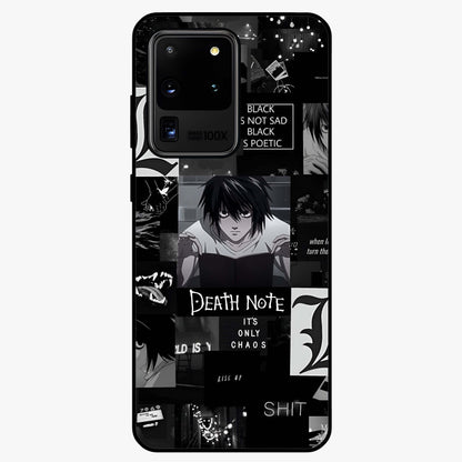 Midnight Chaos Mind Glass Case showing flat back view with abstract dark themed artwork and glossy glass finish.