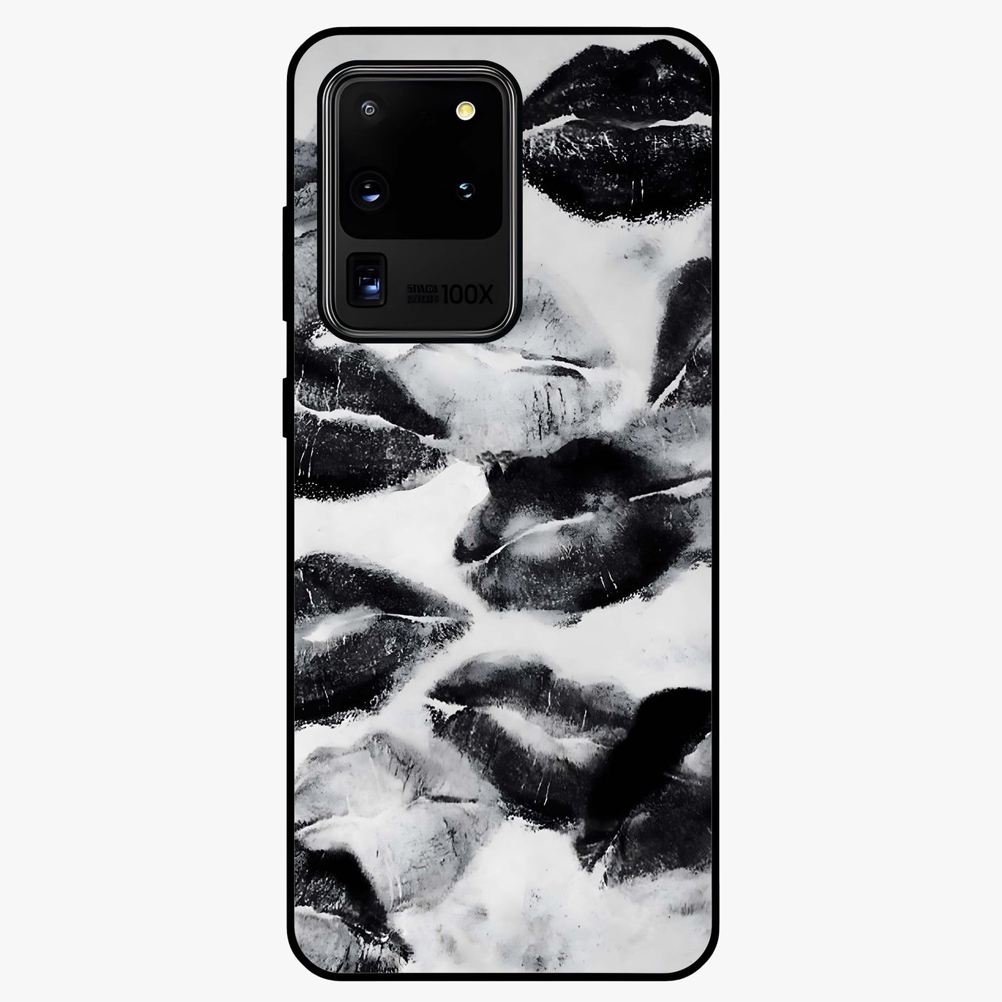 Midnight Kiss Marks Glass Case showing flat back view with lipstick kiss mark artwork and glossy glass finish.