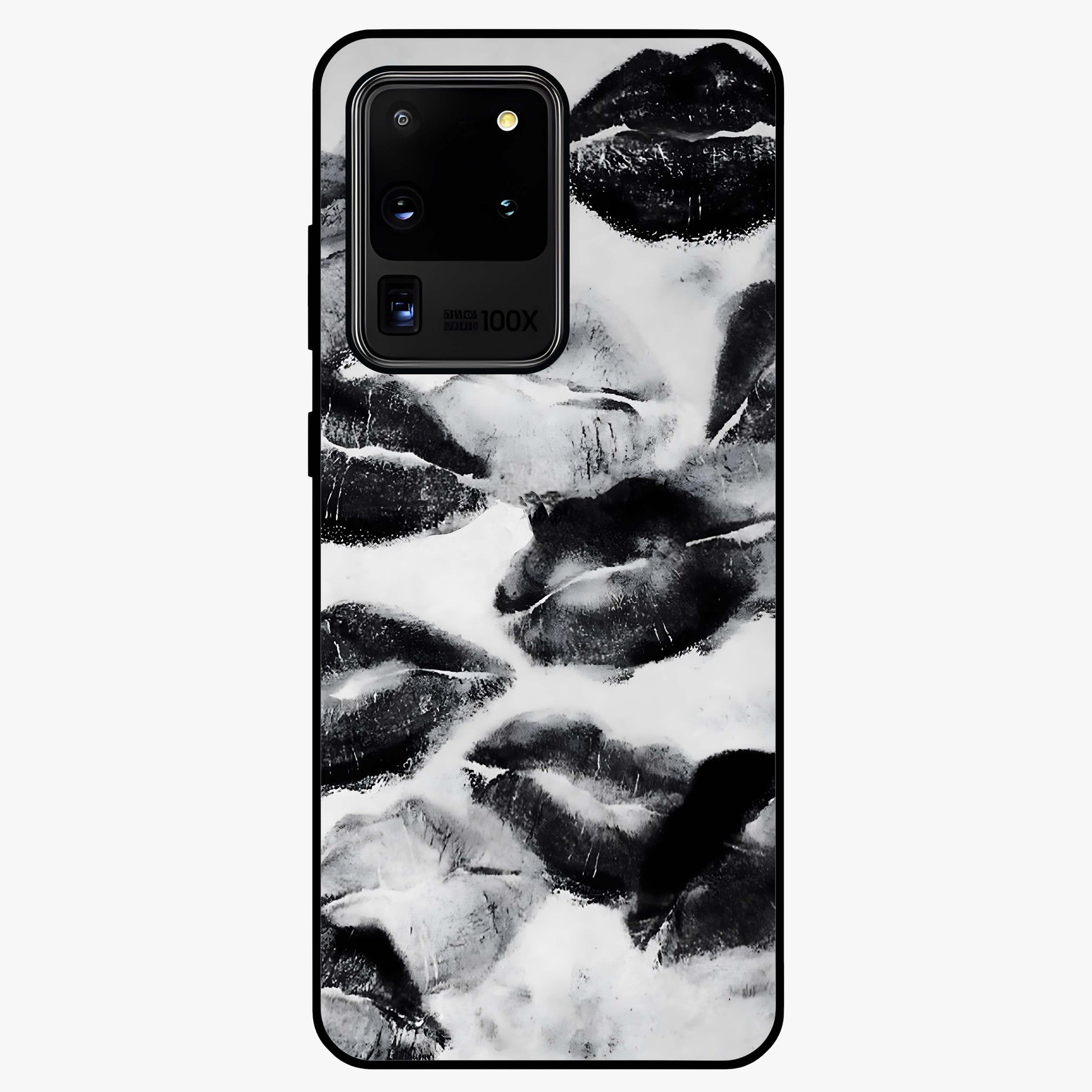 Midnight Kiss Marks Glass Case showing flat back view with lipstick kiss mark artwork and glossy glass finish.
