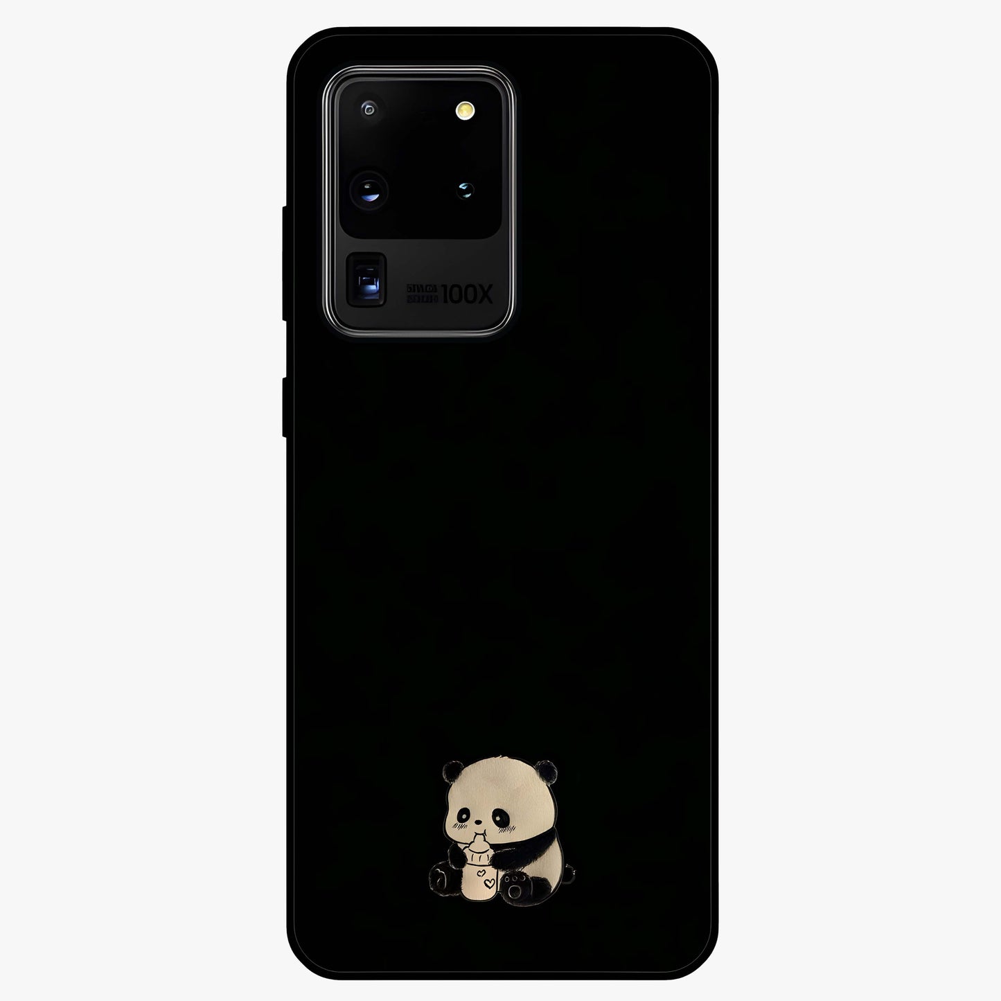 Midnight Panda Love Glass Case showing flat back view with cute panda themed artwork and glossy glass finish.