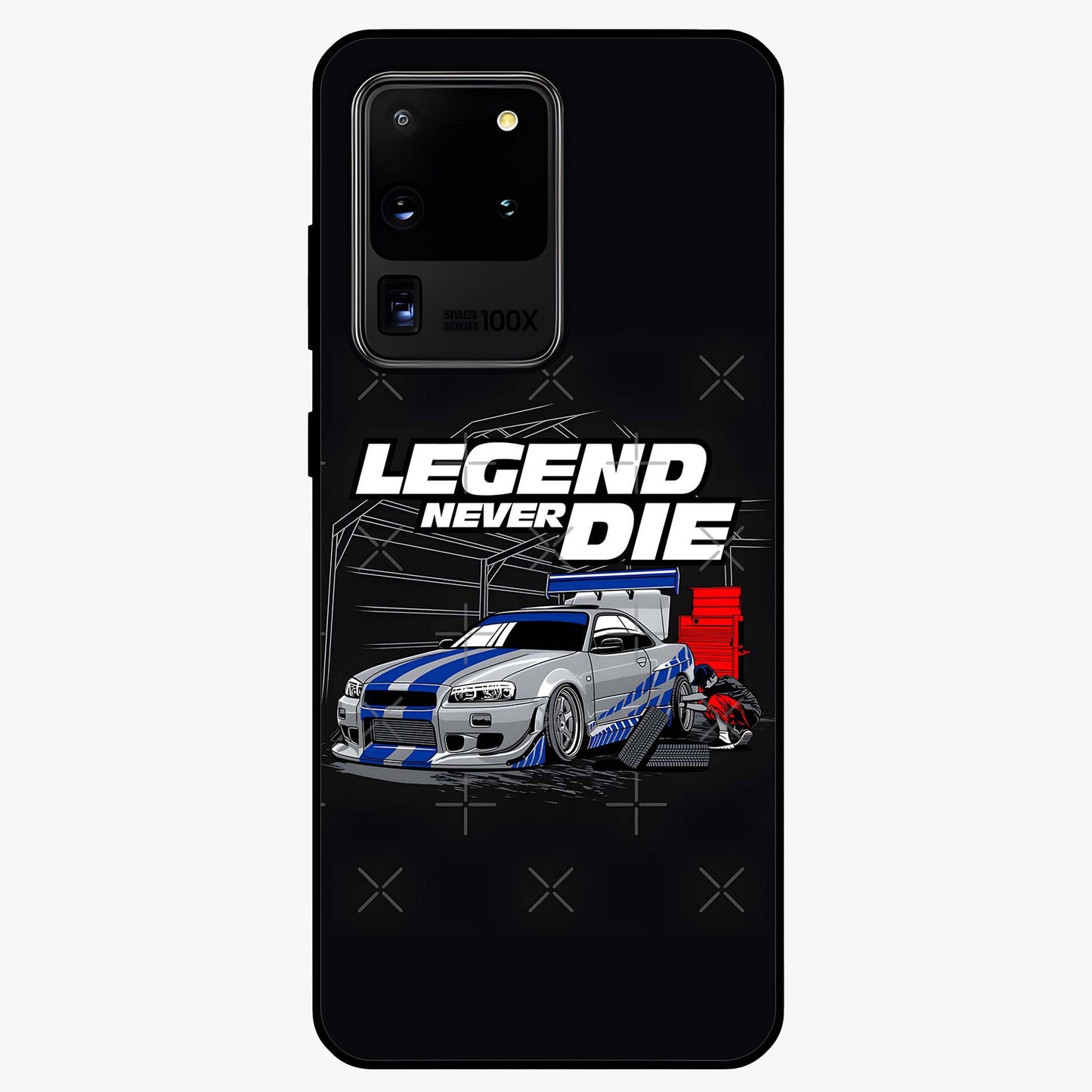Midnight Racing Legacy Glass Case showing flat back view with sleek racing inspired artwork and glossy glass finish.