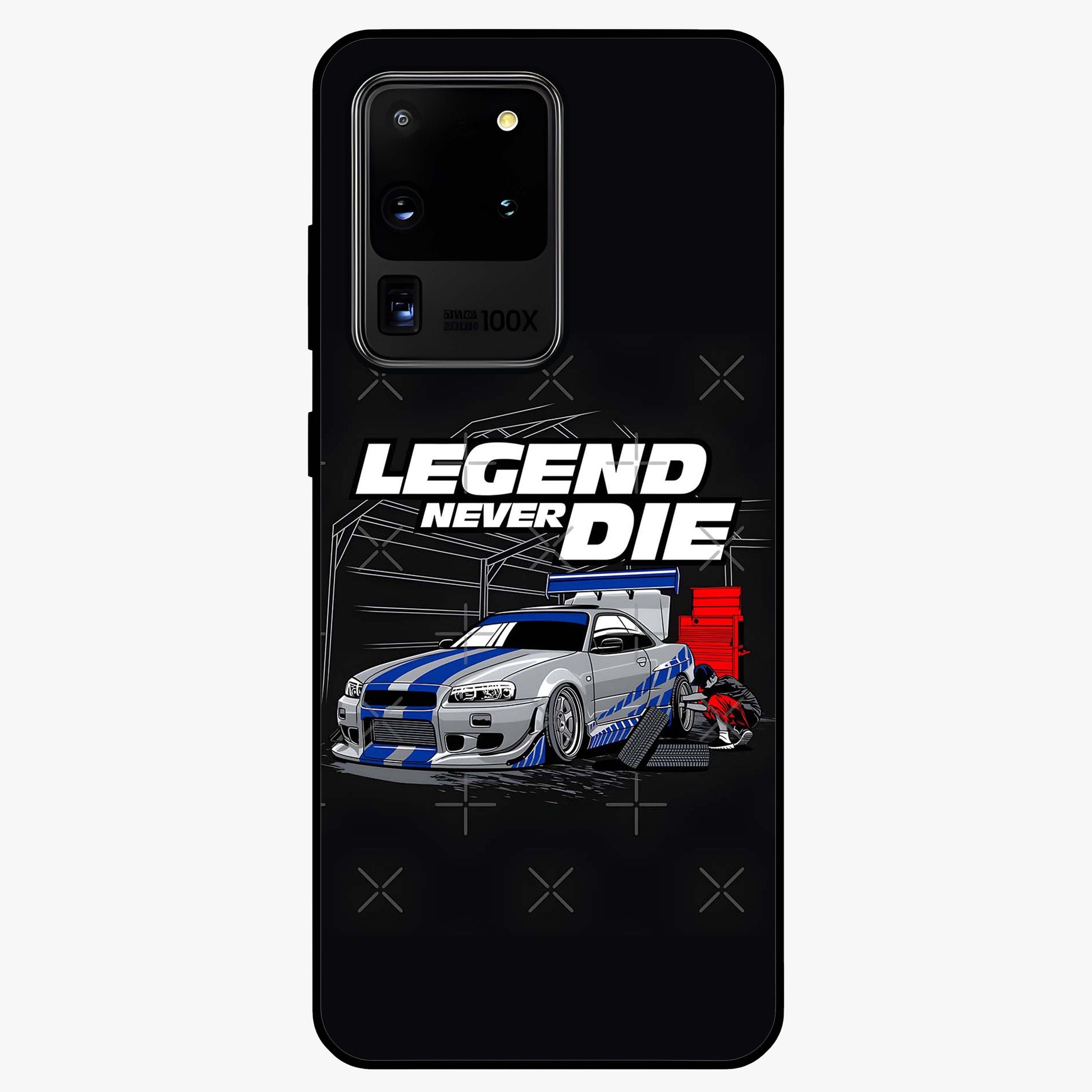 Midnight Racing Legacy Glass Case showing flat back view with sleek racing inspired artwork and glossy glass finish.