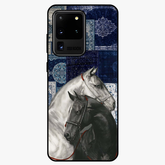 Midnight Stallion Blues Glass Case showing flat back view with majestic horse artwork and glossy glass finish.