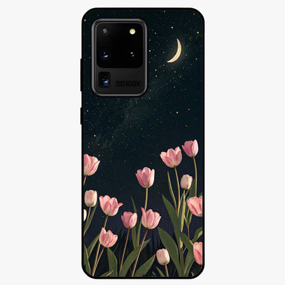 Midnight Tulip Whispers Vibe Glass Case showing flat back view with elegant tulip flower artwork and glossy glass finish.