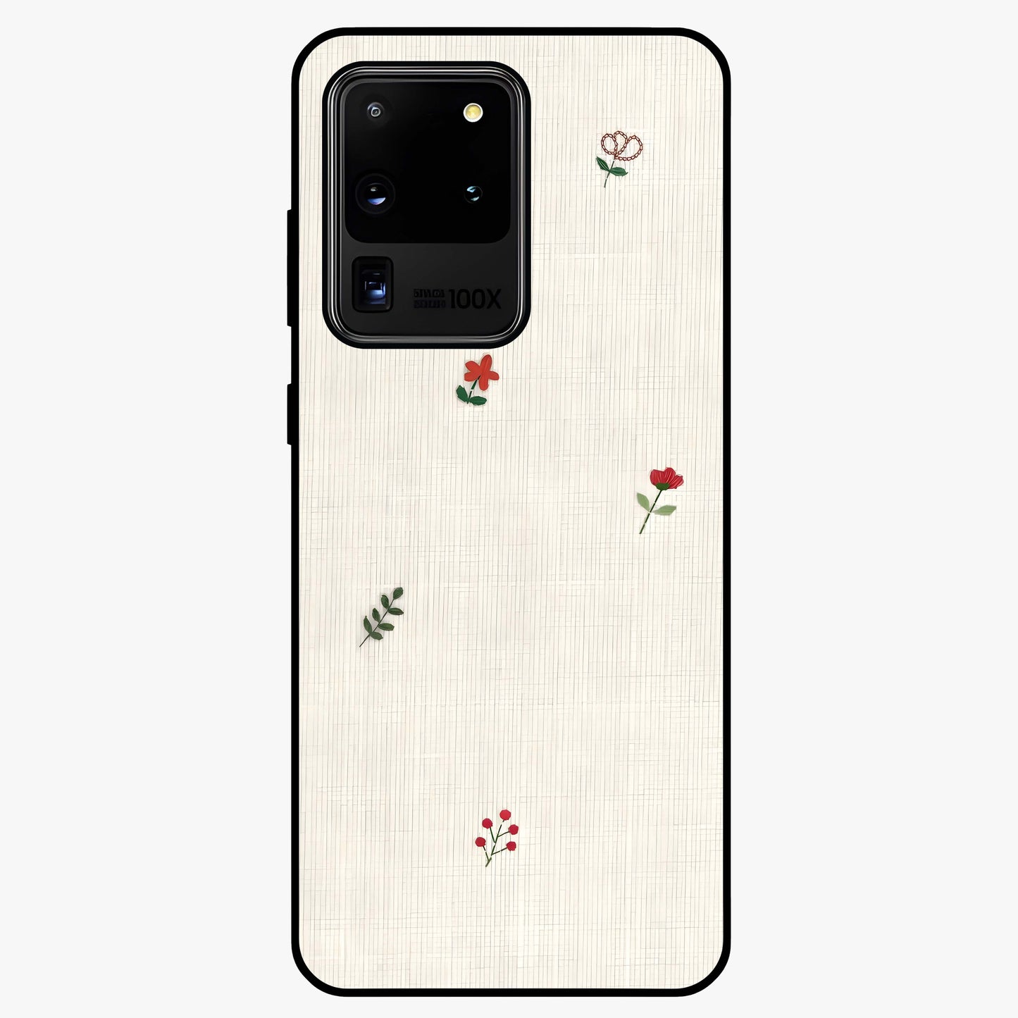 Minimal Petal Whispers Glass Case showing flat back view with soft minimal floral artwork and glossy glass finish.
