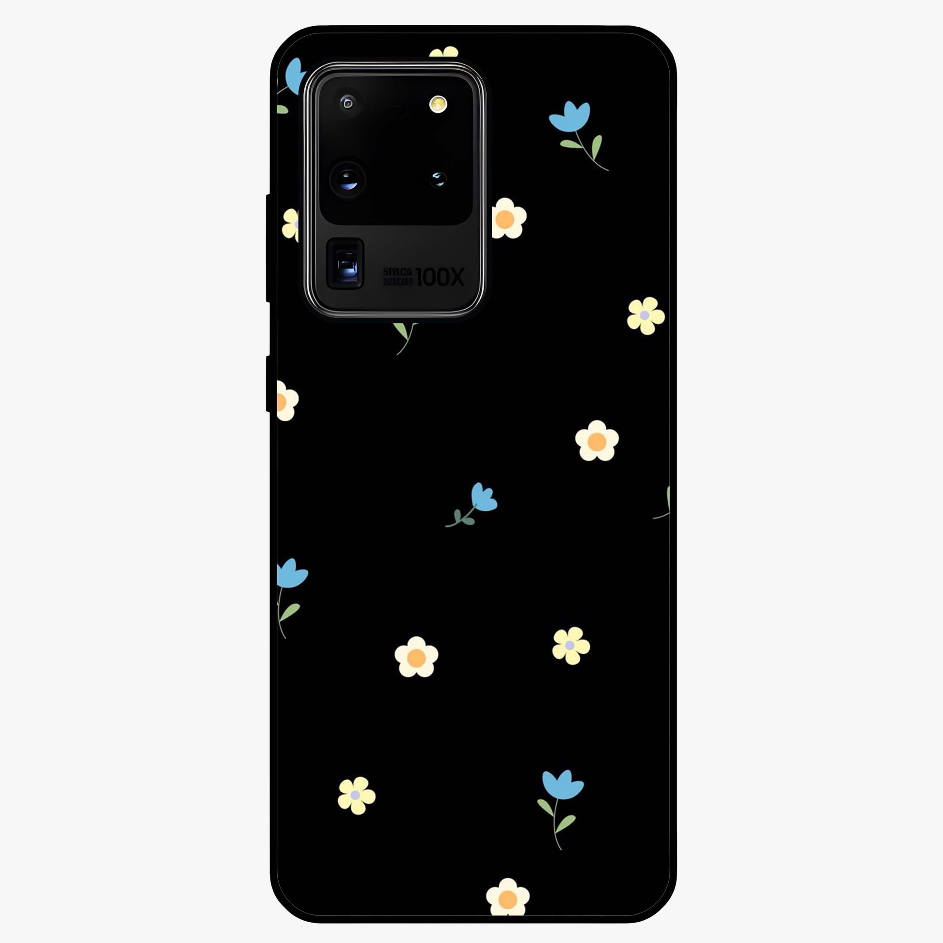Minimalistic Blue With White Flower Pattern Glass Case showing flat back view with blue background and white flower pattern and glossy glass finish.