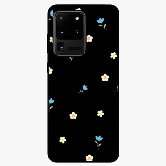 Minimalistic Blue With White Flower Pattern Glass Case showing flat back view with blue background and white flower pattern and glossy glass finish.