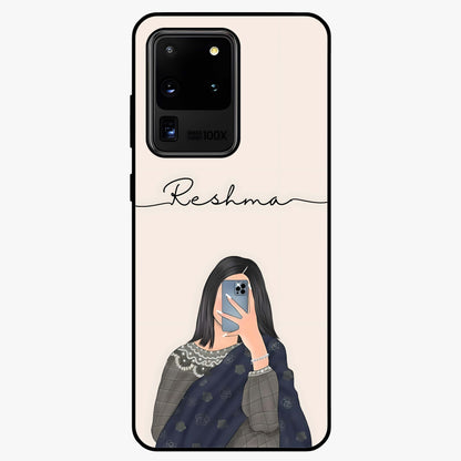 Mirror Mood Muse With Custom Name Glass Case showing flat back view with stylish mirrored artwork and personalized name design.